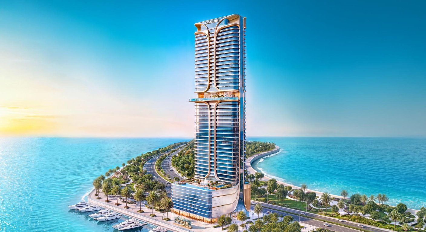 Shahrukhz Residences by Danube — waterfront tower render, Dubai Maritime City