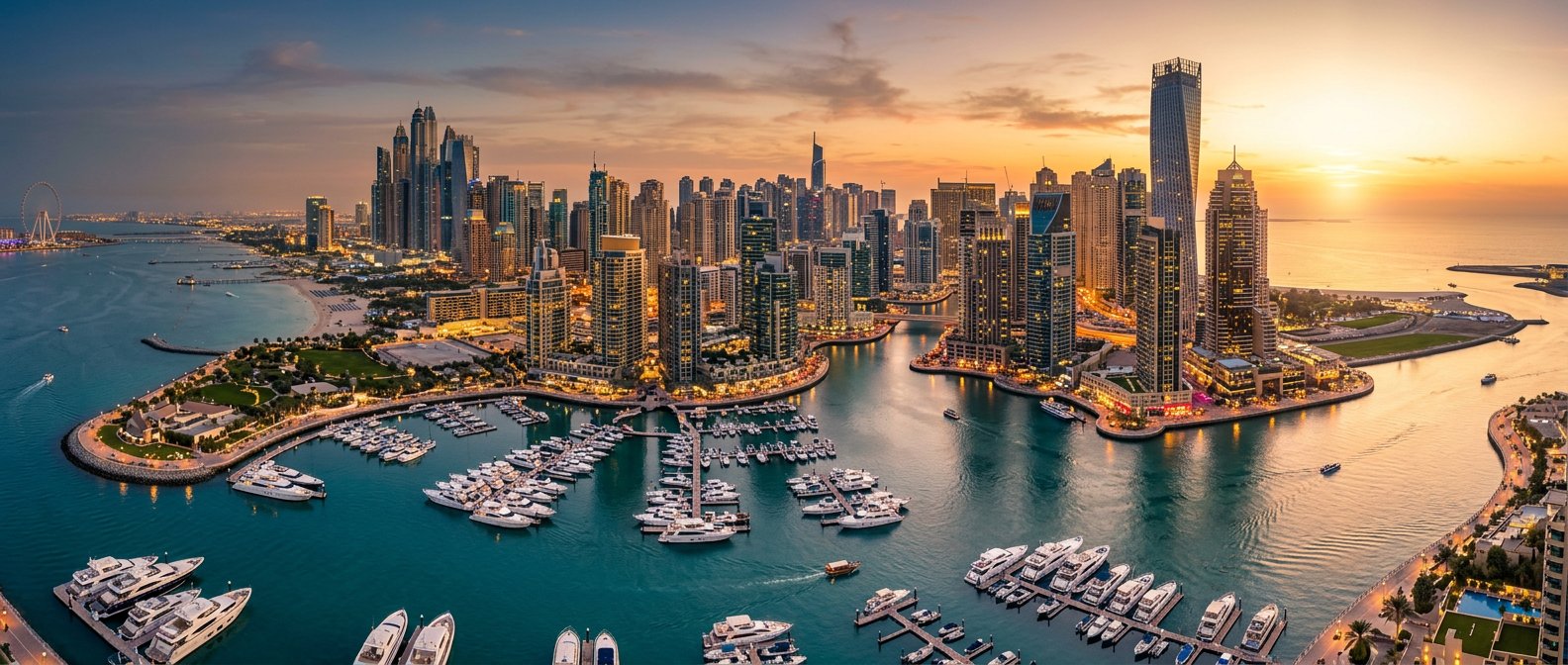 Aerial view of the Dubai waterfront at dusk